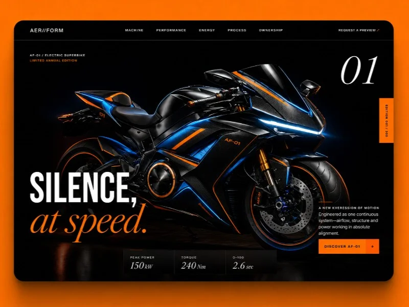 Prévia do template AER//FORM Electric Superbike Landing Page Template