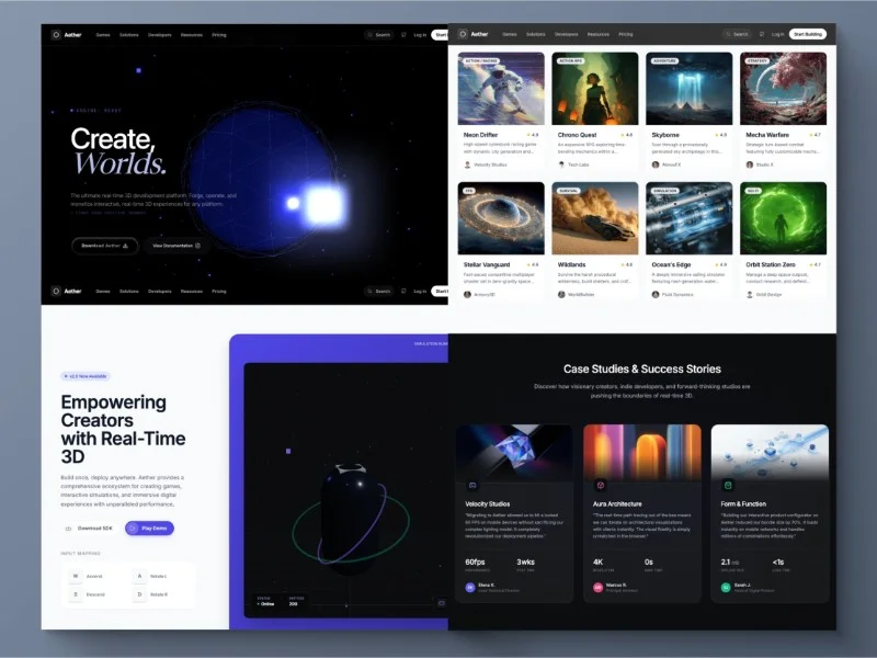 Prévia do template Aether Real-Time 3D Platform Landing Page Template