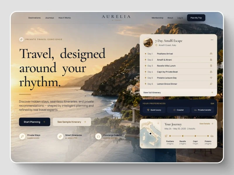 Prévia do template Aurelia — Luxury AI Travel Concierge, modelo de site para pousada e hotel