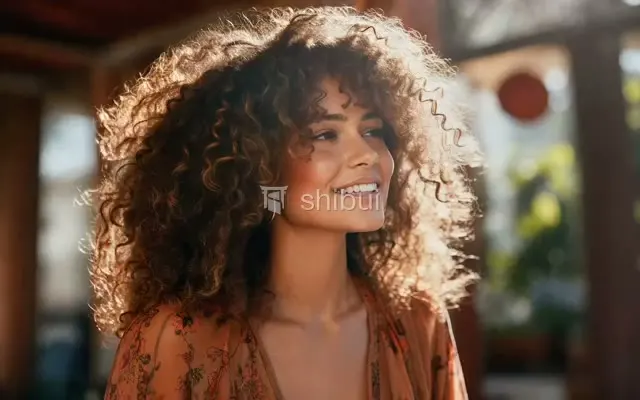 Mulher com cabelo cacheado e dourado sob a luz do sol, sorrindo e olhando para o lado.