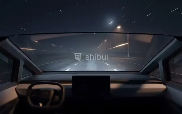 Visão do interior de um carro dirigindo em uma estrada à noite, com luzes e a lua no céu.