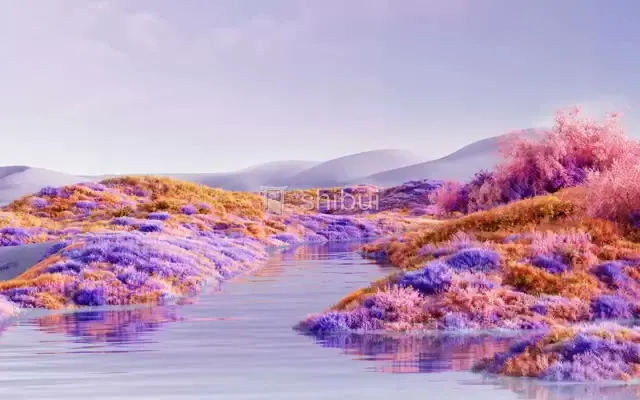 Um rio sereno reflete colinas cobertas de grama roxa, laranja e rosa sob um céu lilás suave.