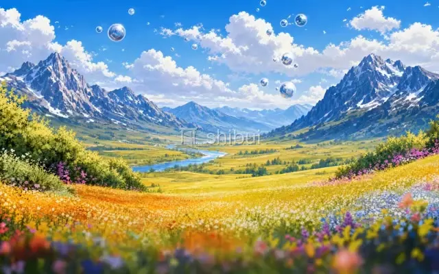 Um vale verdejante com montanhas nevadas, flores coloridas e bolhas flutuando no céu azul claro.
