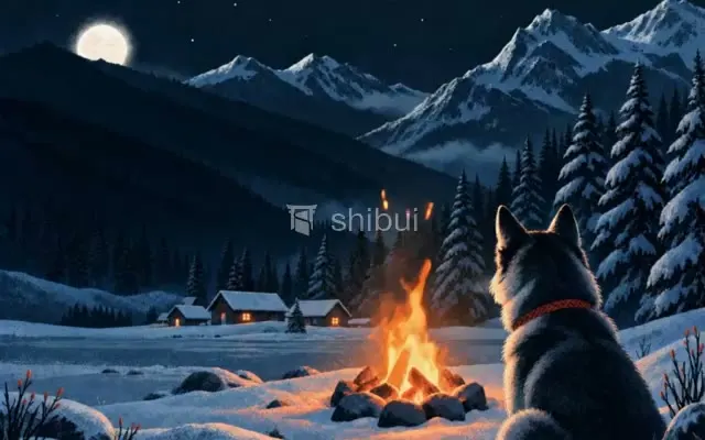 Um lobo observa uma fogueira acesa em uma noite fria de inverno, com montanhas nevadas e casas ao fundo.