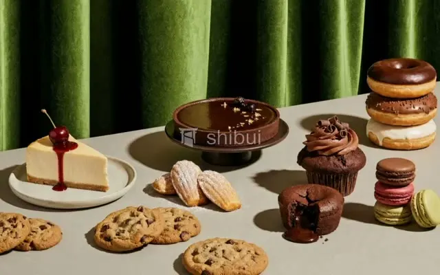 Uma variedade de sobremesas de chocolate, incluindo bolo, cupcakes, donuts e macarons, com um cheesecake ao fundo.