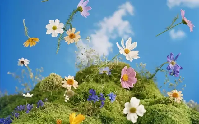 Flores coloridas flutuam sobre um monte verdejante coberto de musgo contra um céu azul com nuvens.