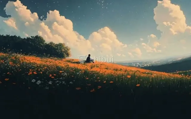 Uma pessoa sentada em um campo de flores alaranjadas sob um céu estrelado com nuvens.