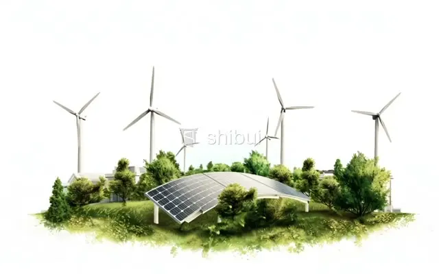 Paisagem com painéis solares, turbinas eólicas e vegetação verde exuberante em um fundo branco.