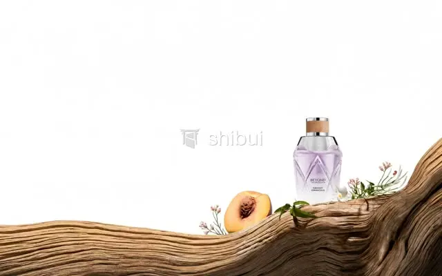 Um frasco de perfume lilás repousa sobre um tronco de madeira com um pêssego cortado e flores delicadas.