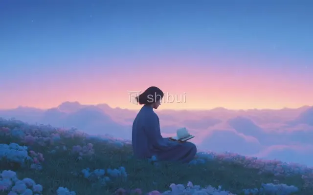 Uma pessoa sentada em um campo de flores lendo um livro sobre nuvens ao amanhecer com céu azul e rosa.