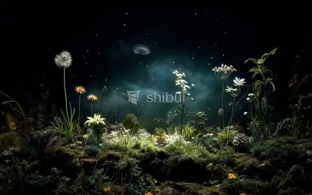Um jardim noturno com flores iluminadas e um céu escuro com nuvens e estrelas.