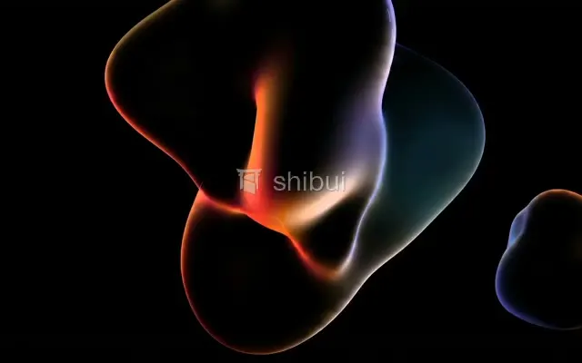 Formas abstratas com luzes vibrantes em tons de laranja, roxo e azul sobre fundo escuro.