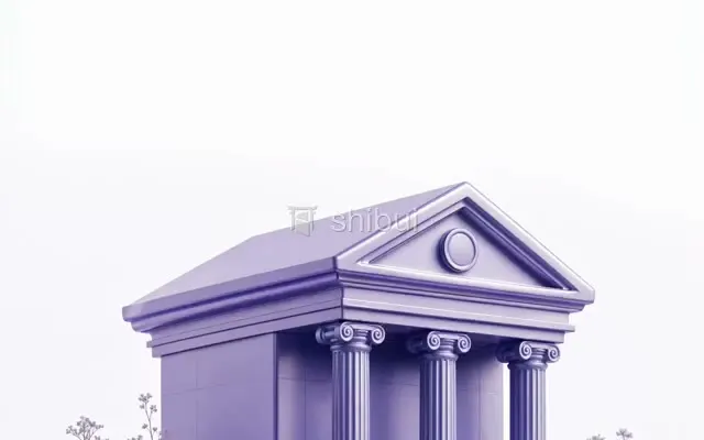 Um templo grego lilás com colunas está cercado por um jardim de flores roxas e brancas.