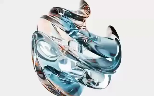 Uma forma abstrata de líquido azul e transparente girando em um fundo branco.