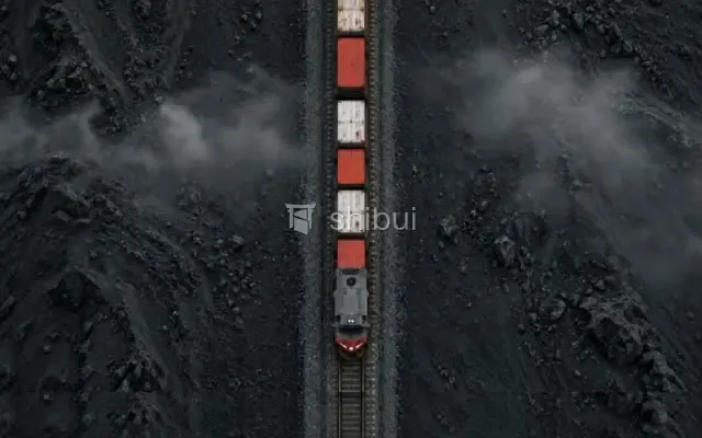 Um trem com vagões vermelhos e brancos atravessa uma paisagem escura e rochosa com névoa.