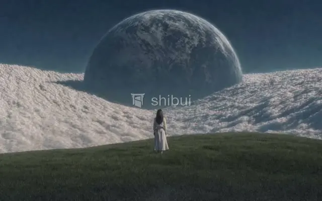 Uma mulher observa um planeta gigante acima de um mar de nuvens brancas, em um campo verde.