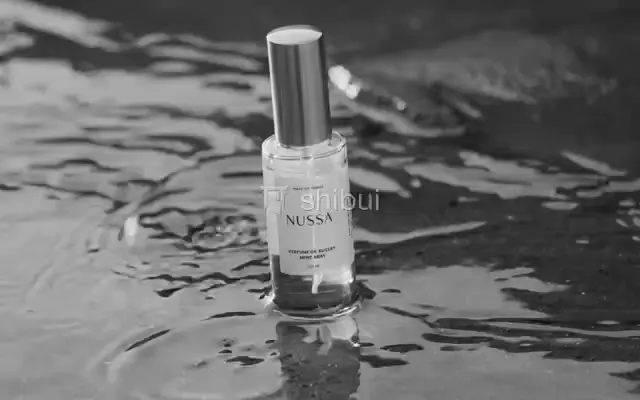 Um frasco de perfume transparente com tampa prateada em pé na água sobre areia molhada.