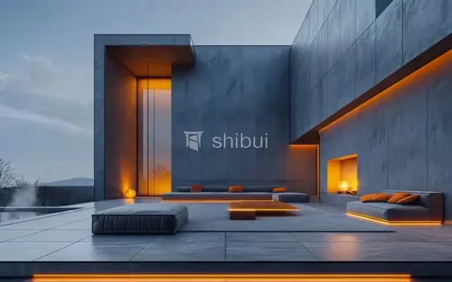 Arquitetura moderna com iluminação laranja vibrante em um terraço com piscina e móveis minimalistas.