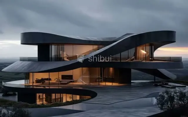 Uma mansão moderna com arquitetura curvilínea e janelas amplas, situada em uma colina ao entardecer.