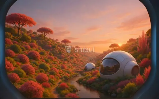 Paisagem alienígena com cúpulas futuristas, vegetação vibrante e um rio ao pôr do sol.