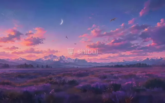 Um campo de lavanda roxa se estende até montanhas nevadas sob um céu crepuscular com nuvens cor-de-rosa e pássaros.