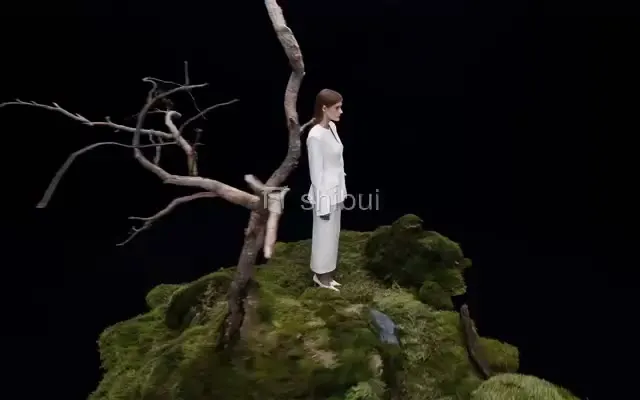 Mulher de branco em pé sobre um monte de musgo verde com galhos secos ao lado.