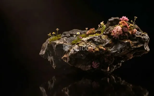 Uma rocha escura com musgo e flores coloridas em um fundo preto com reflexo na água.