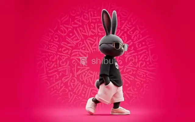 Um coelho cinza com óculos escuros e shorts rosa caminha sobre um fundo rosa com caligrafia.