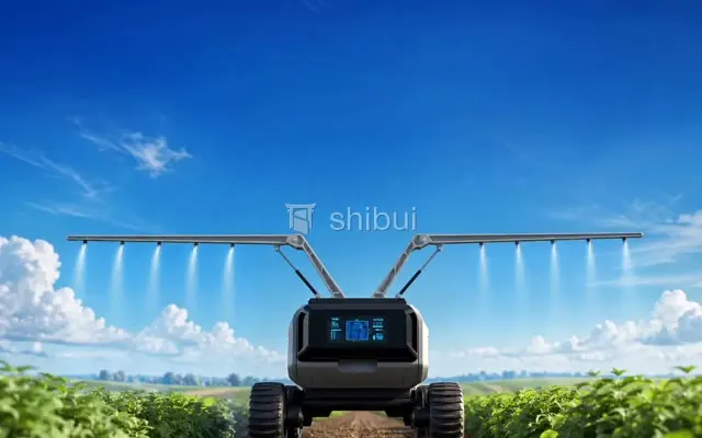 Um drone pulverizador em um campo verde sob um céu azul com nuvens brancas.
