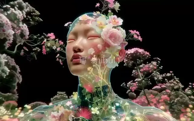 Uma pessoa com flores e plantas crescendo dentro e ao redor de sua cabeça em um fundo escuro.