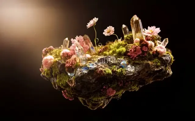 Uma ilha flutuante com cristais, musgo verde e flores cor-de-rosa sobre um fundo escuro.