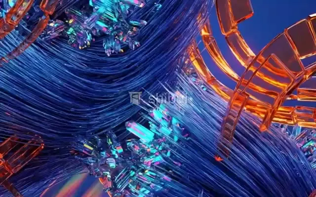 Fios azuis abstratos entrelaçados com cristais coloridos e estruturas laranja em um fundo azul escuro.