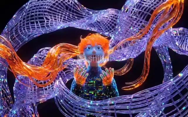 Um menino com cabelo laranja e mãos brilhantes cercado por estruturas abstratas de luzes azuis e laranjas.