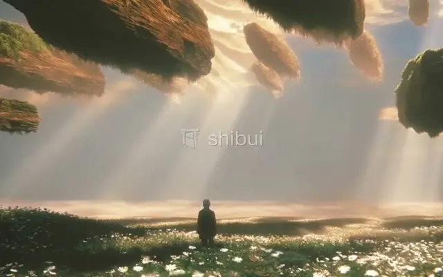 Um homem solitário observa ilhas flutuantes cobertas de musgo sobre um campo de flores brancas e grama.