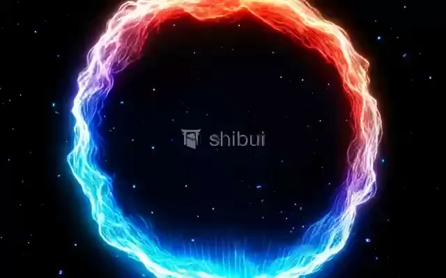 Um anel de energia vibrante em tons de azul, roxo e vermelho, flutuando em um espaço escuro com pontos de luz.