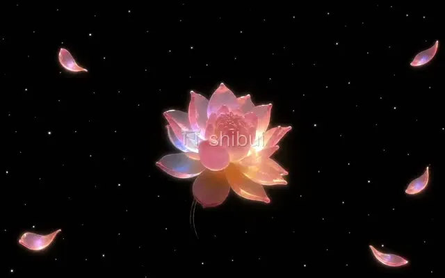 Uma flor de lótus translúcida e pétalas flutuam em um fundo preto com pequenas estrelas brilhantes.
