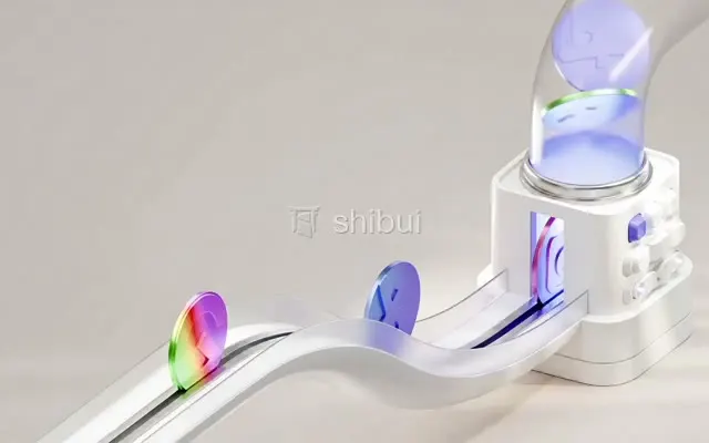 Fichas coloridas descem por uma esteira e entram em uma máquina branca com luzes azuis e roxas.