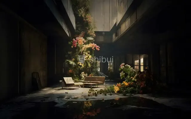 Flores coloridas e vegetação crescem em um pátio abandonado com móveis e poças d'água.
