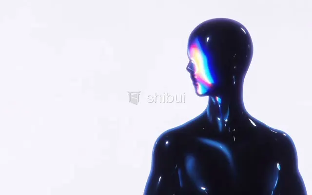 Um manequim escuro e brilhante com reflexos prismáticos coloridos no rosto e ombros contra um fundo claro.
