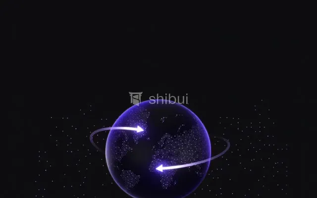 Um globo terrestre roxo com setas brancas em movimento, em um fundo escuro com pontos luminosos.