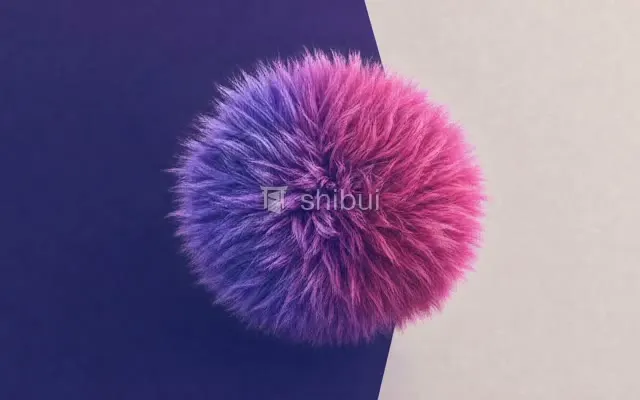 Uma esfera peluda com cores que variam de roxo a rosa, sobre um fundo dividido em azul escuro e bege.