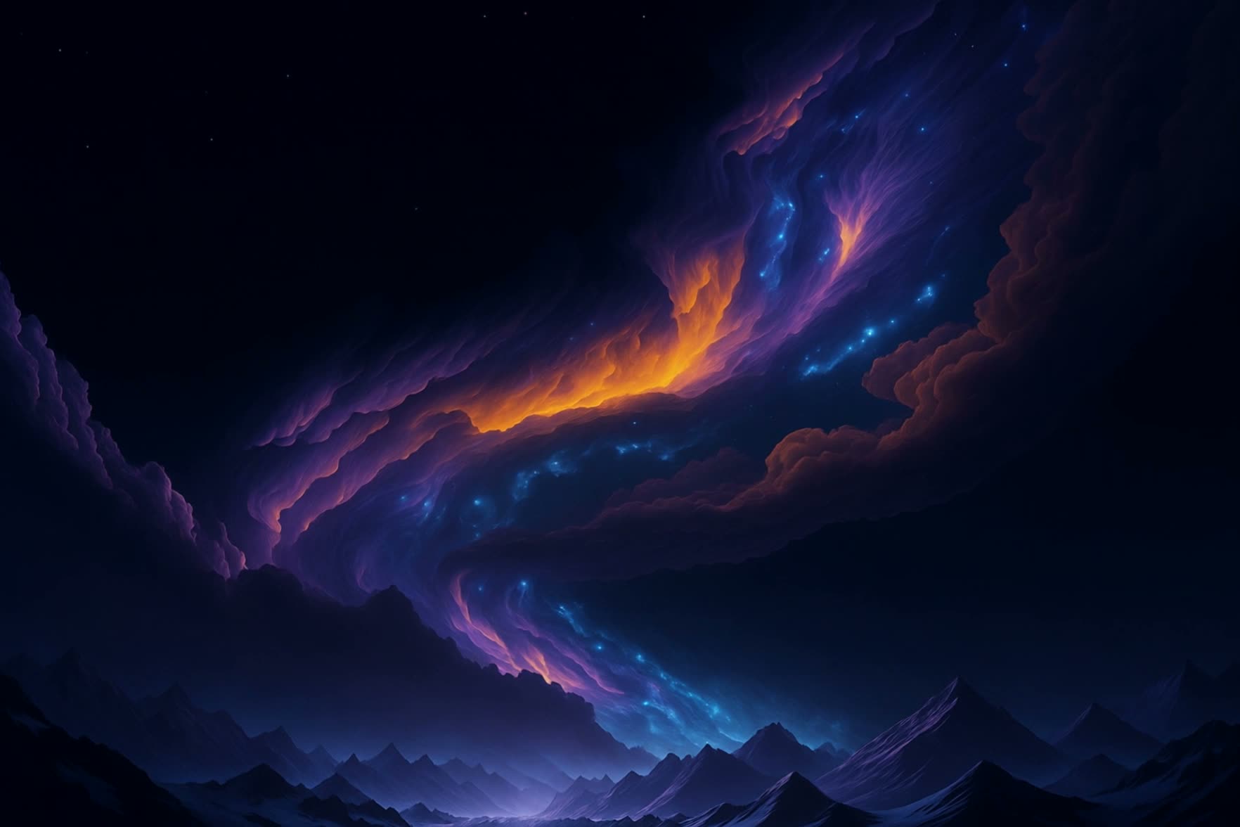 Nuvens cósmicas em tons de roxo e laranja sobre montanhas escuras sob um céu estrelado.