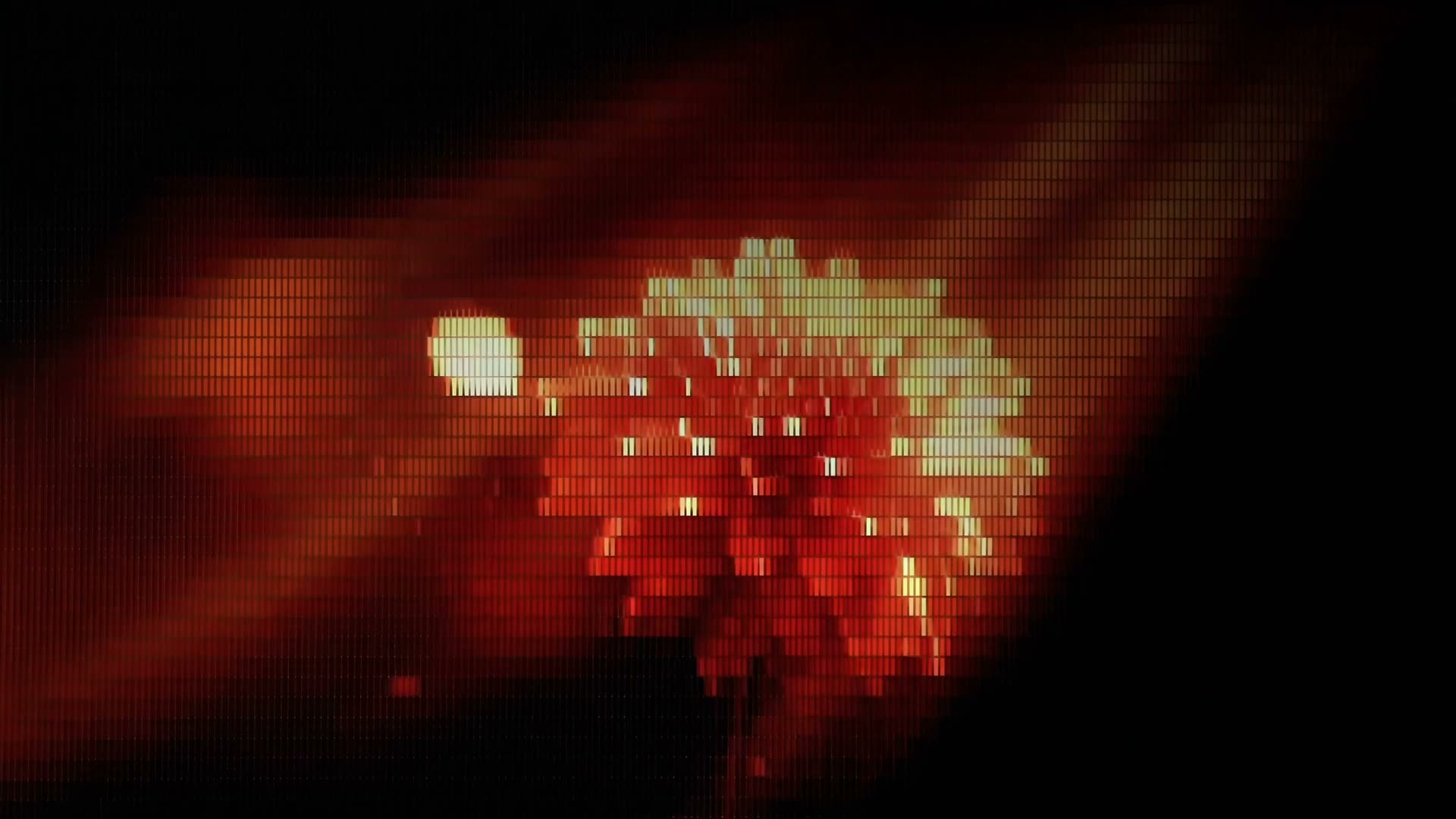 Uma flor abstrata em tons de vermelho e amarelo com fundo escuro e pixelado.