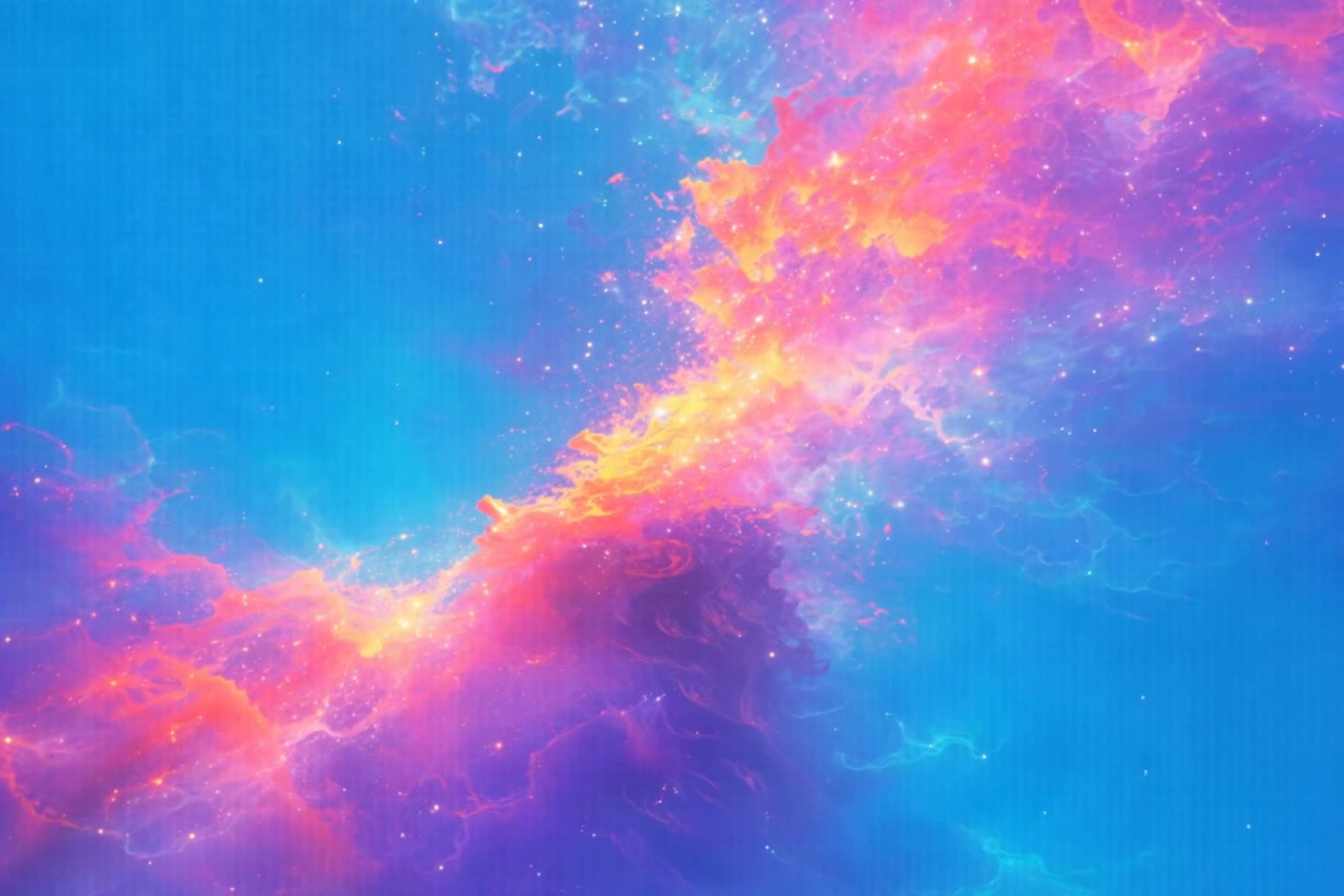 Uma nebulosa vibrante em tons de azul, rosa, laranja e roxo com estrelas cintilantes no espaço.