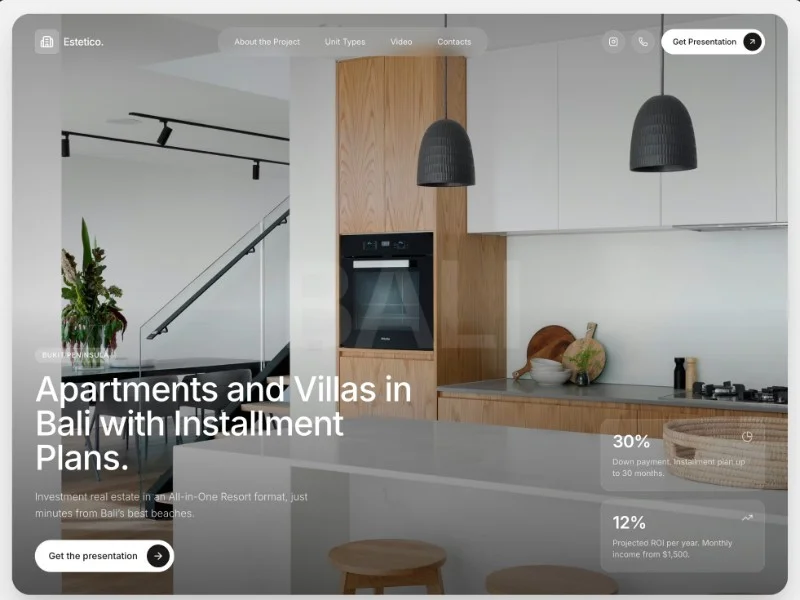 Prévia do template Bali Real Estate, modelo de site para pousada e hotel