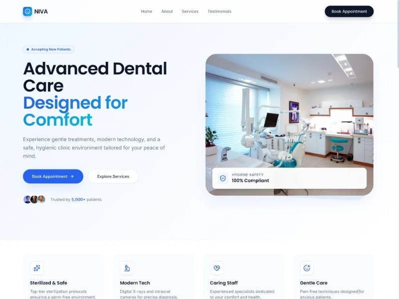 Prévia do template Dental Clinic, modelo de site para dentista