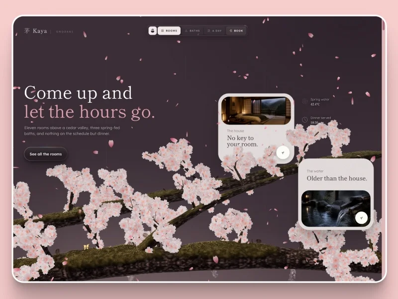 Prévia do template Kaya - Scroll-Driven Hotel and Retreat, modelo de site para pousada e hotel