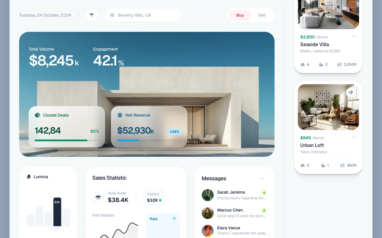 Prévia do template Lumina Real Estate Dashboard