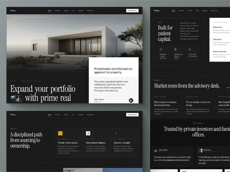 Prévia do template PrimeEstates Real Estate Advisory, modelo de site para imobiliária