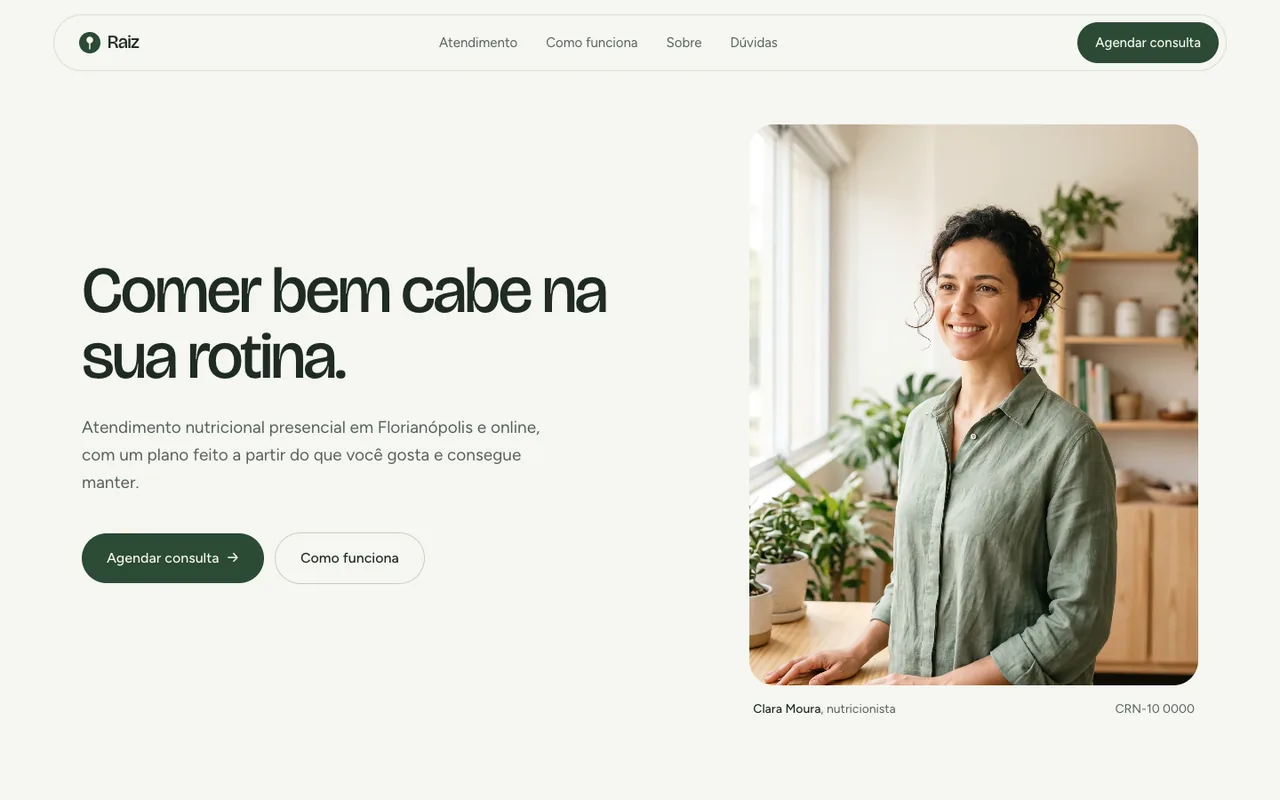 Prévia do template Raiz Nutrição, modelo de site para nutricionista